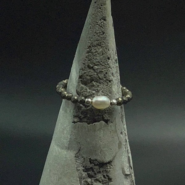 Кольцо "Астерия"  пирит, жемчуг 0029